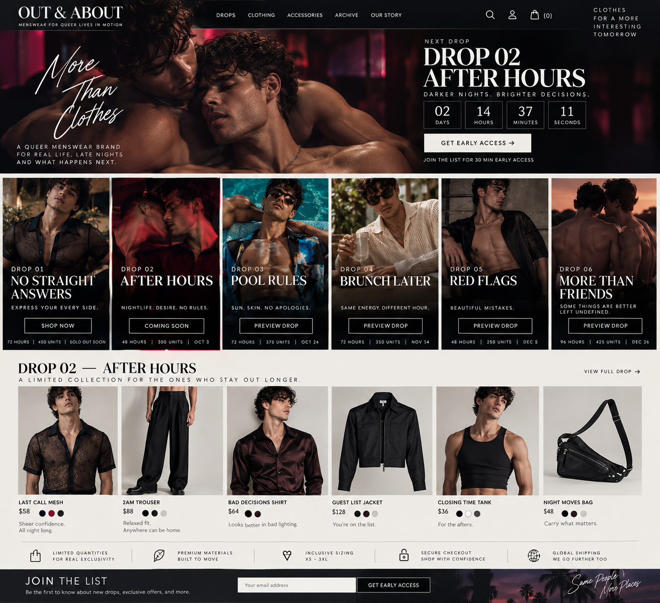 Original After Hours collection mockup with six garment concepts